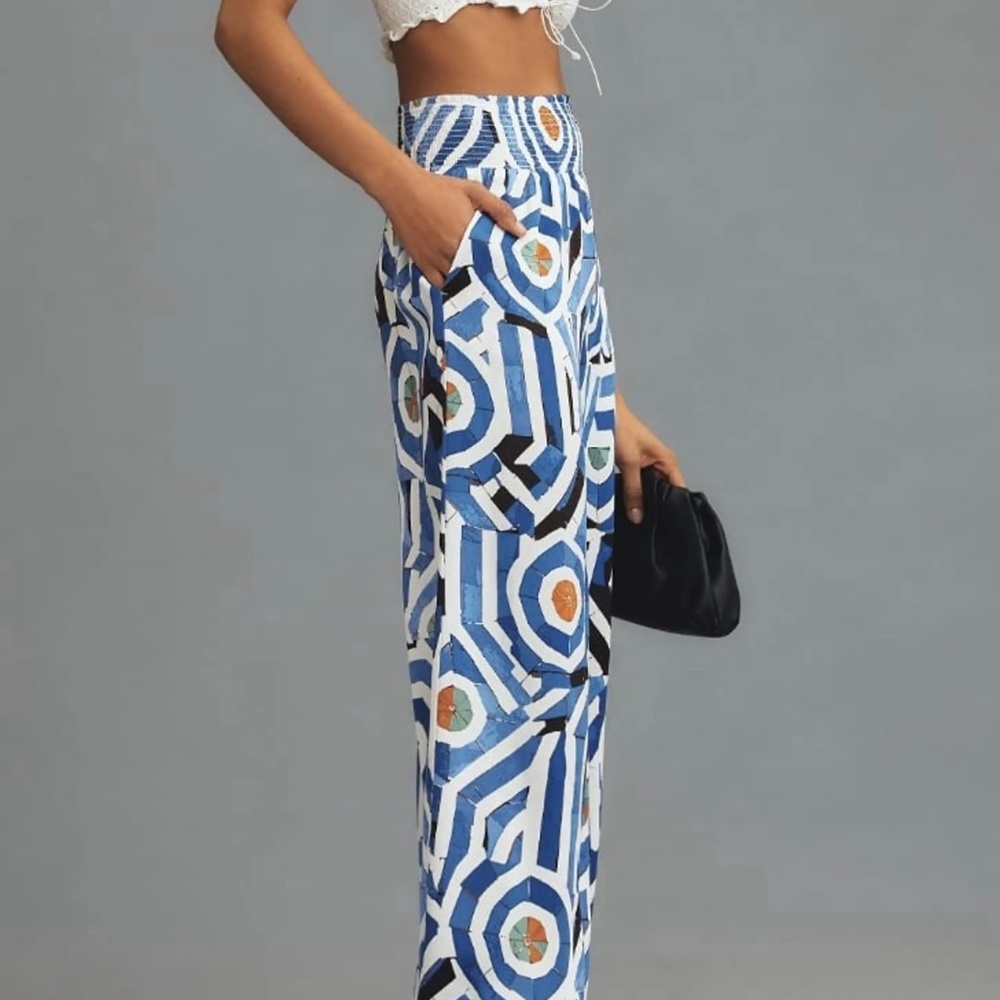 Anthropologie Maeve Saria Smocked Wide Leg Pants Blue Geometric Print Size S - Picture 5 of 5